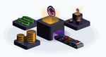 3D Rendering showing a little factory receiving input from four objects.
