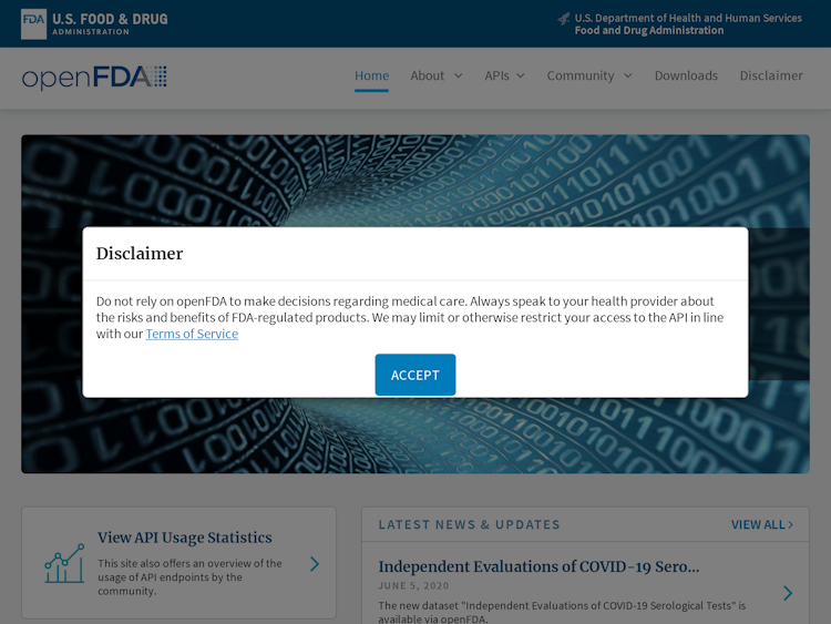 Screenshot of Open FDA