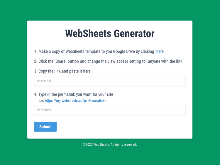 Screenshot of WebSheets Generator