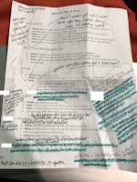 Photo of my workshop outline with notes scribbled all over it