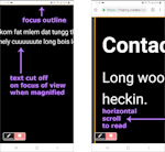 two screenshots of mobile Chrome showing a barely-visible focus outline at the edge, cut-off text, and how much horizontal scrolling is needed to read the Doggo Ipsum placeholder text