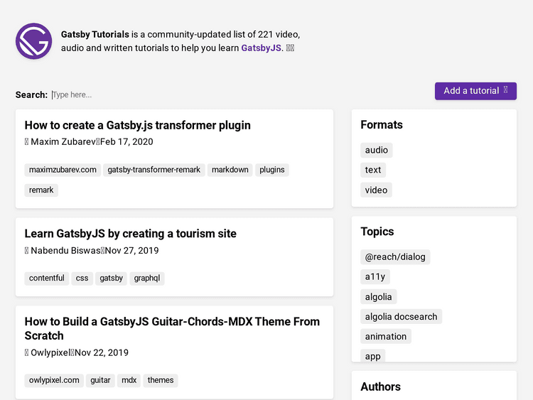 Screenshot of Gatsby Tutorials