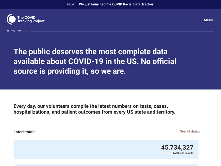 Screenshot of The COVID Tracking Project