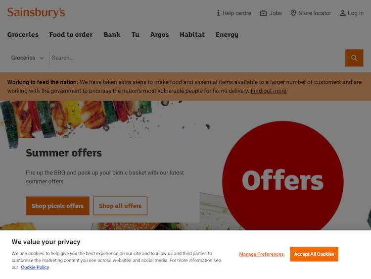 Screenshot of Sainsbury’s Homepage