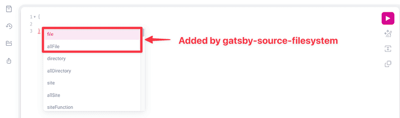 The GraphiQL IDE showing the new autocomplete options provided by the gatsby-source-filesystem plugin