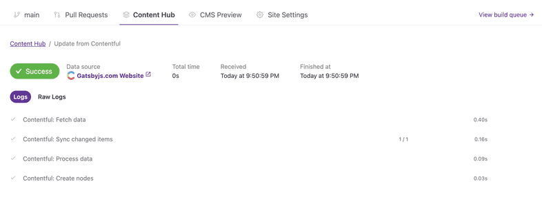 Screenshot of the log overview. The heading section shows a success/failed badge, next to it the source of the data update and some statistics. Below that you can toggle between logs and raw logs.