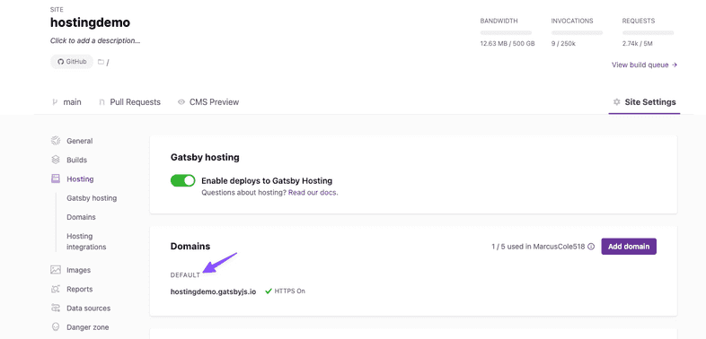 default domain in gatsby cloud hosting settings