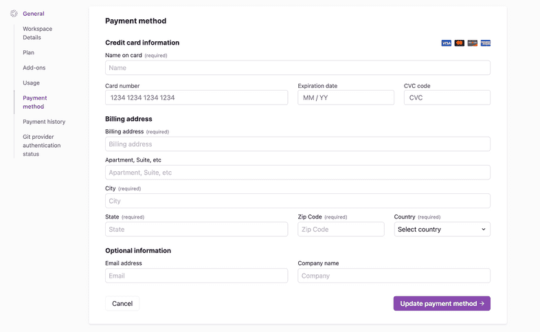 Credit card details screen