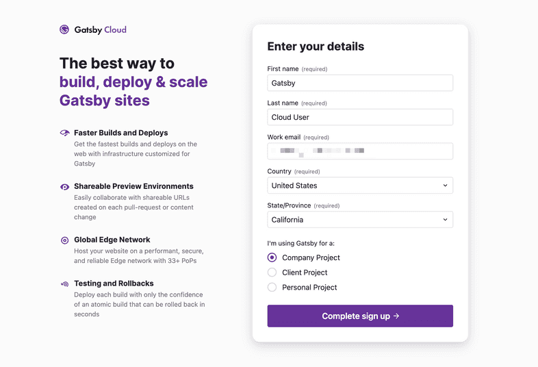 Gatsby Cloud signup details