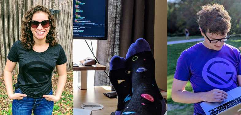 Gatsby contributors wearing swag. Left image shows a woman wearing a black T-Shirt with a light gray Gatsby logo on it. Middle image shows the Gatsby socks. Right image shows a man wearing a purple T-Shirt with a light purple Gatsby logo on it.