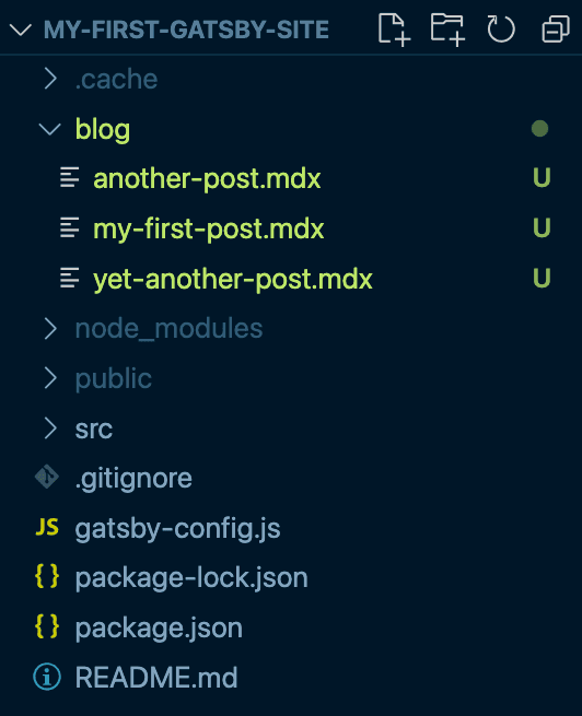 A screenshot of the VS Code Explorer pane. There's a new top-level directory called "blog", which contains three new files: "another-post.mdx", "my-first-post.mdx", and "yet-another-post.mdx".