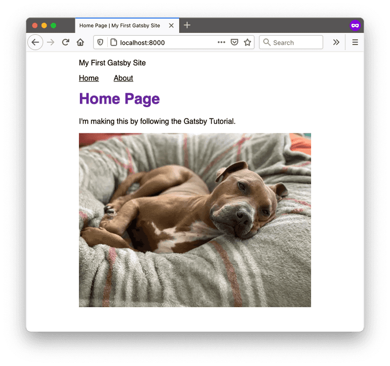 A screenshot of the home page in a web browser. The title of the page in the browser tab now says, "Home Page | My First Gatsby Site", and the top of the page has an unstyled paragraph that says, "My First Gatsby Site".