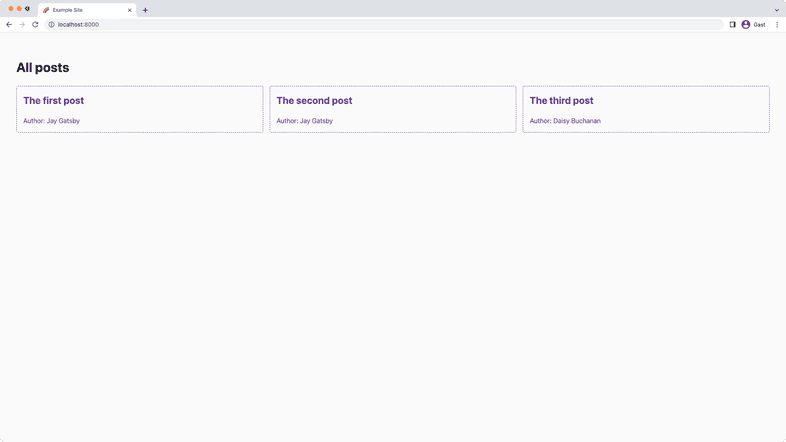 A screenshot of "localhost:8000" in a web browser. A heading says "All posts" and under it are three cards with the subheadings "The first post", "The second post", and "The third post". They link to their individual pages.