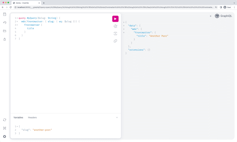 A screenshot of GraphiQL in a web browser. The Query Editor pane in the middle shows the request with query variables. The Query Variables pane below shows a JSON object with a single key-value pair for the `slug`. The Result Window shows the single MDX node returned in the response.