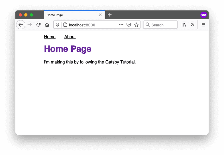 A screenshot of the Home page. The styles have been updated so now the page title is in purple, and the navigation links at the top of the page are in a single line instead of a bulleted list.