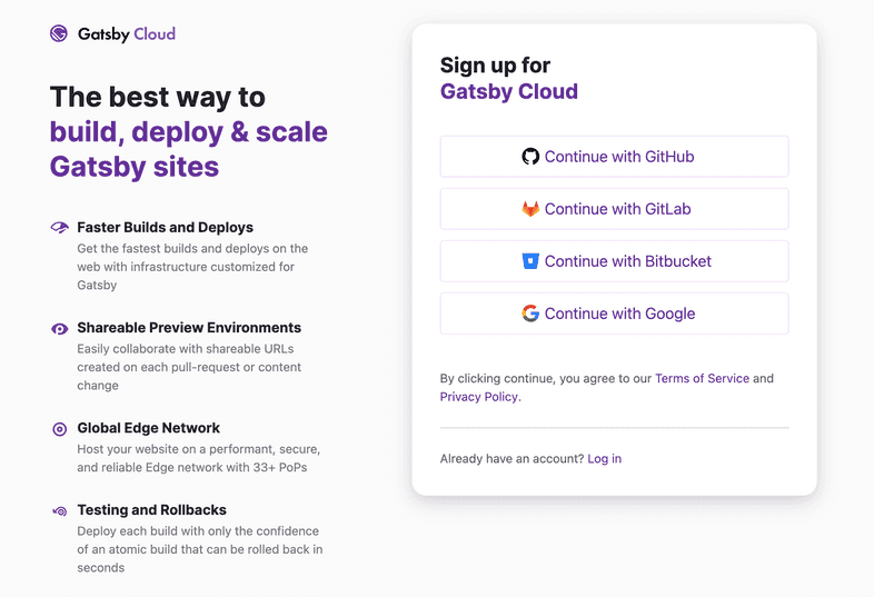 Gatsby Cloud sign up page