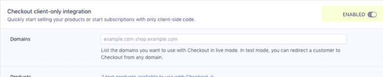 Stripe control to enable the Checkout client-side only integration highlighted