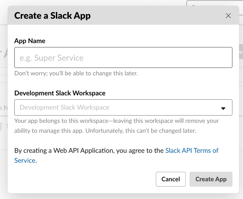 Modal to create a slack app