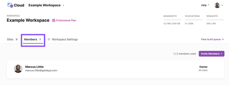 Gatsby Cloud Workspace Members tab