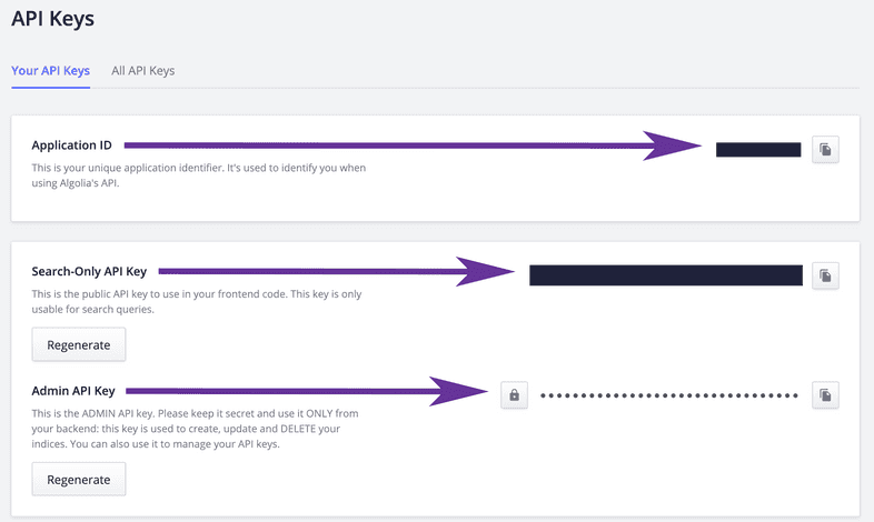 The API Keys section of the Algolia profile