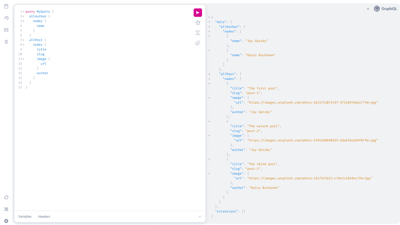 A screenshot of "localhost:8000/___graphql" in a web browser. The GraphiQL IDE shows the results of the GraphQL query mentioned above.