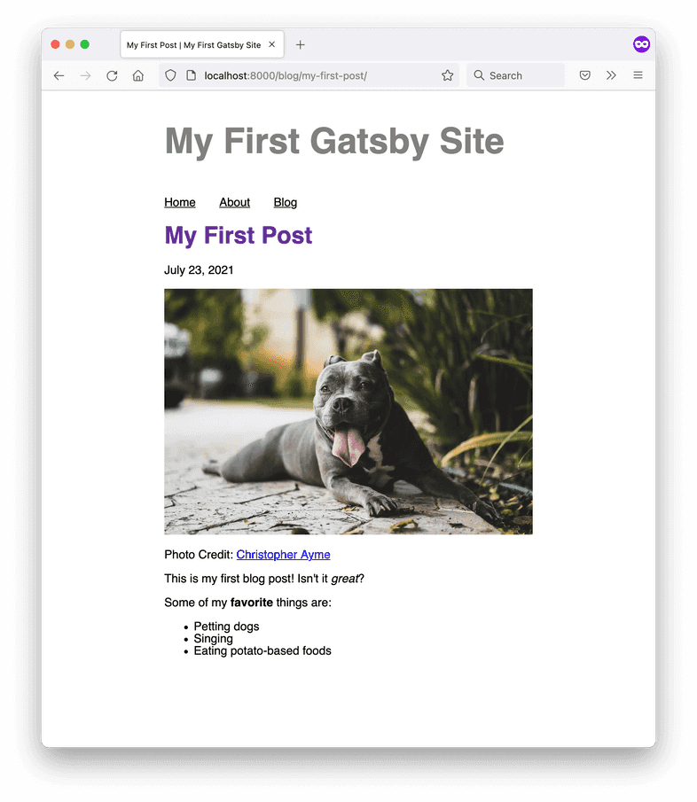A screenshot of the My First Post blog page, which now includes a photo credit underneath the hero image. It says, "Photo Credit: Christopher Ayme".