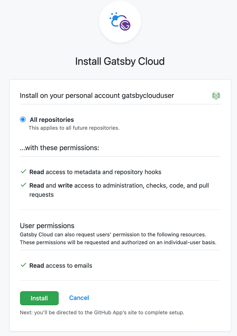 Gatsby Cloud app permissions