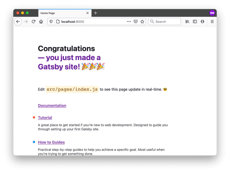 The default home page generated by the "gatsby new" command.