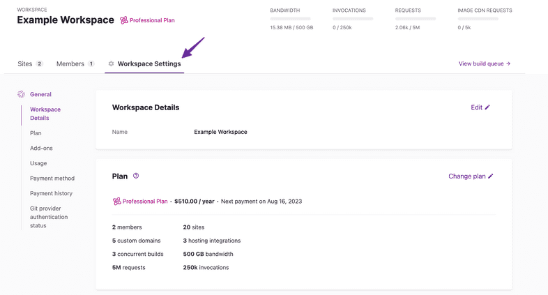 Gatsby Cloud workspace settings tab