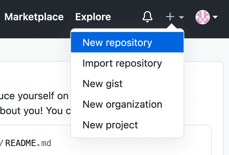 A dropdown in the navigation bar reveals the "New repository" button.