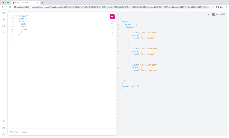 A screenshot of "localhost:8000/___graphql" in a web browser. The GraphiQL IDE shows the results of the GraphQL query mentioned above.