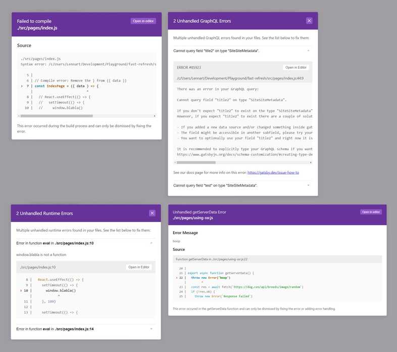 Four error overlays from left to right, top to bottom: Compile error, GraphQL errors, runtime errors, and getServerData error