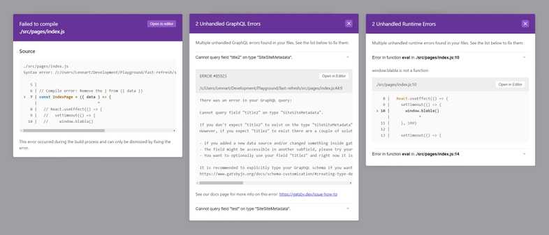 Three error overlays from left to right: Compile error, GraphQL errors, and runtime errors