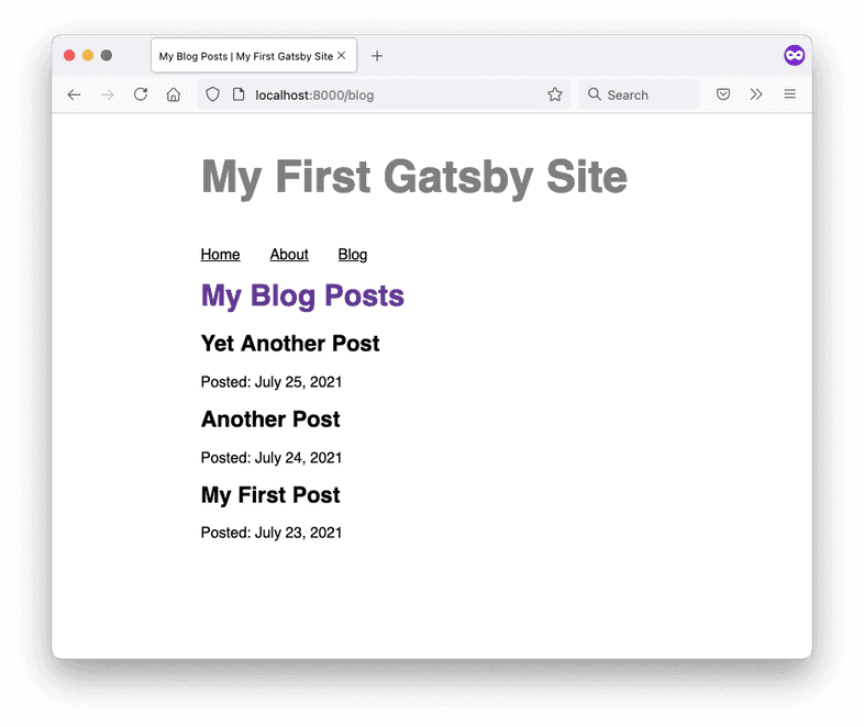 A screenshot of the Blog page in a web browser. Underneath the page heading, there are three posts listed: "Yet Another Post" (posted July 25, 2021), "Another Post" (posted July 24, 2021), and "My First Post" (posted July 23, 2021).