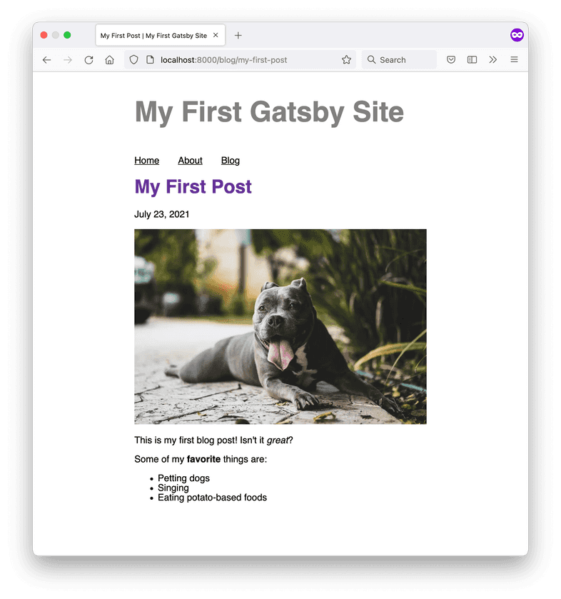 A screenshot of the My First Post blog page, with a hero image of a gray pitbull relaxing on the sidewalk.