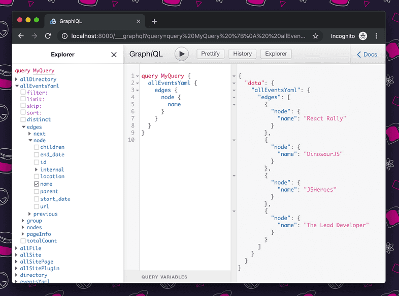 Successful execution of the previously described query, in the GraphiQL explorer