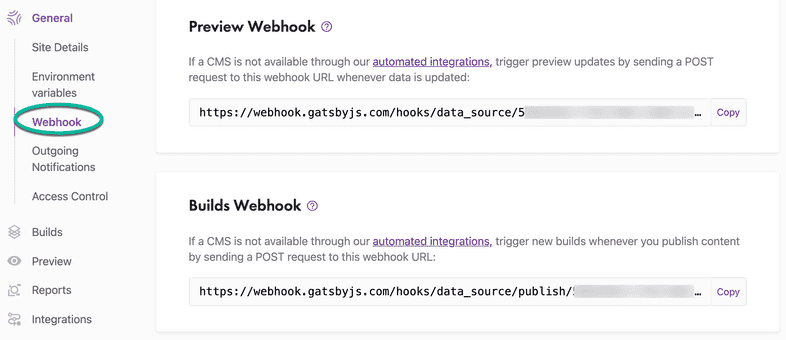 webhook settings on the gatsby cloud dashboard