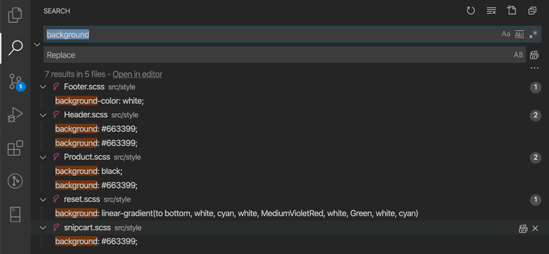 Searching the word background in VS Code reveals 7 instances in 5 files, including one in reset.scss