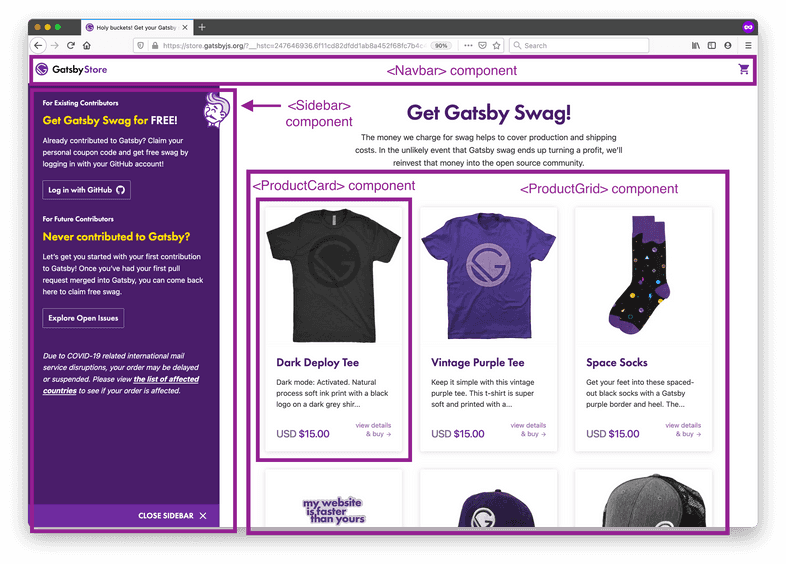 A product page for the Gatsby store site, with different parts of the UI outlined to show how one might break it down into React components.