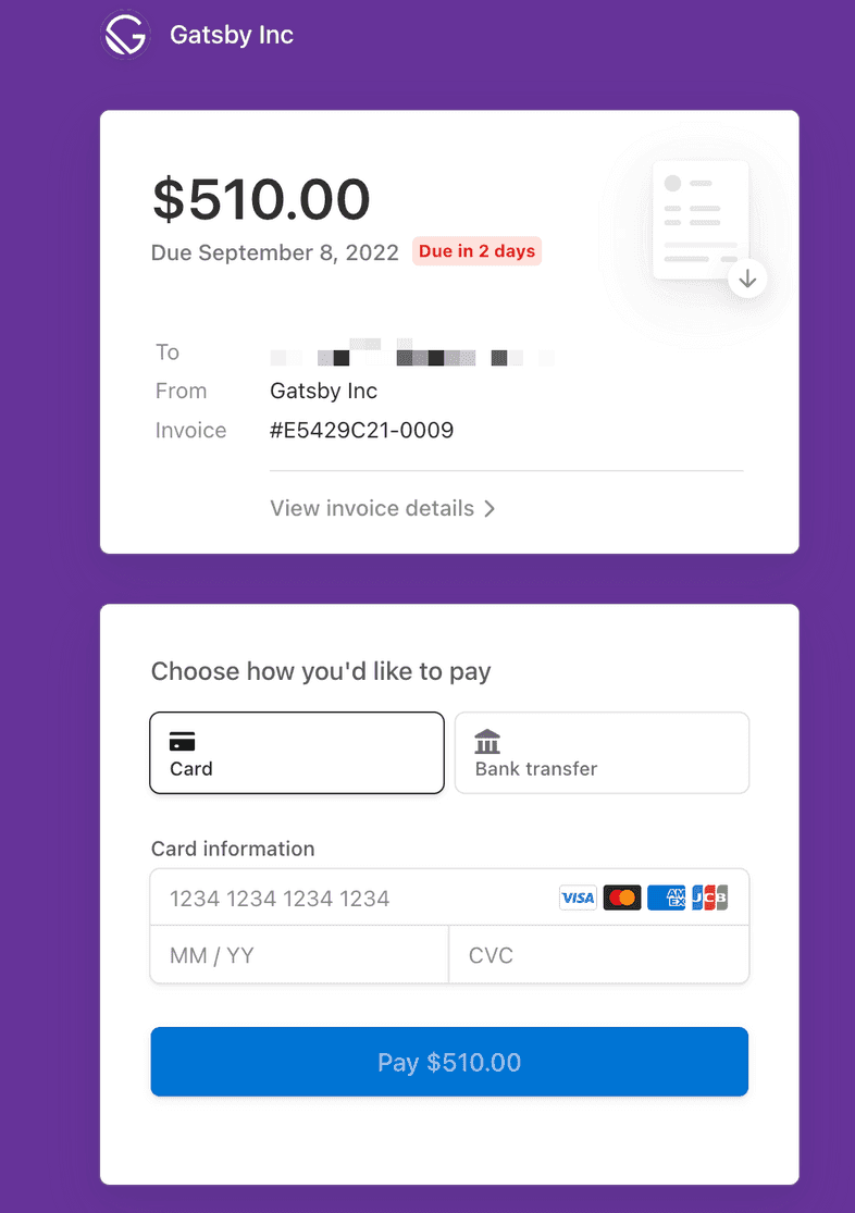 Portal to pay open invoices in Gatsby Cloud