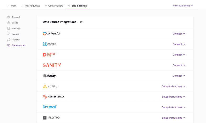 Data sources available for Quick Connect